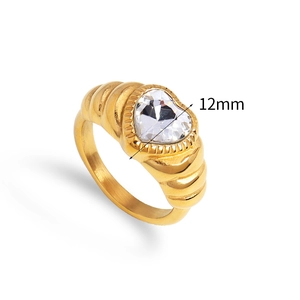 Bague vintage en acier 316L plaqué or 18K avec zircon blanc en forme de cœur de 12mm