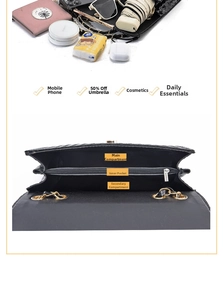 Detailed interior of black quilted chain bag with three spacious compartments