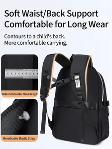Large black school backpack with wide S-shaped shoulder straps and breathable mesh padding