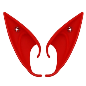 Detail of latex elf ears for cosplay featuring red rhinestone stud earring accents