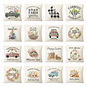 Grid layout showing 16 assorted Easter throw pillow covers with festive prints and text