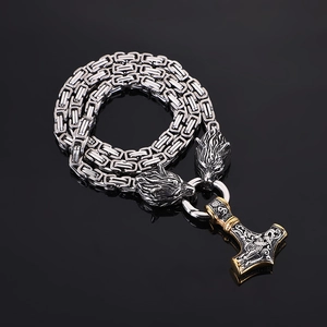 Viking Thor's hammer necklace with detailed wolf heads and Byzantine chain in silver steel