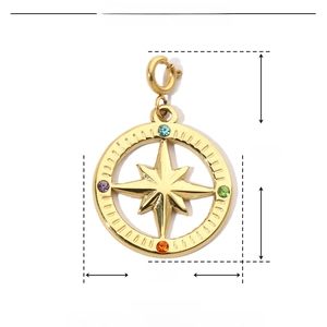 Detailed specifications of gold star compass pendant with colorful rhinestones in 27mm