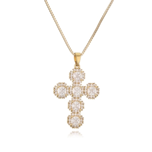 18K gold plated cross pendant necklace with sparkling cubic zirconia on box chain