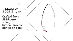 Detail of S925 sterling silver earring hook with a pink marquise gemstone and hypoallergenic finish