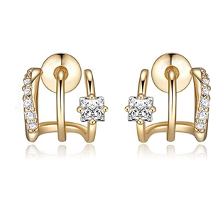 Elegant gold plated three-layer curved stud earrings with cubic zirconia stones on white background