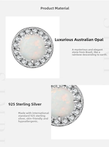 Detailed view of S925 sterling silver opal stud earring with pavé zircon halo