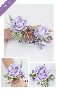 Detail of light purple silk rose boutonniere and wrist corsage set for wedding ceremonies