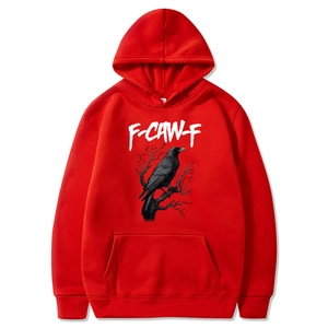 Red hooded sweatshirt with funny crow graphic and F-CAW-F text print, front pocket view