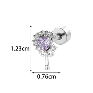 Silver scepter cartilage stud featuring a purple heart zircon and crystal bow decoration