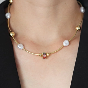 18K Gold Plated Copper Necklace With Heart Artificial Pearl And Colorful Zirconia Elegant Choker Jewelry For Women Fashion Ins Style