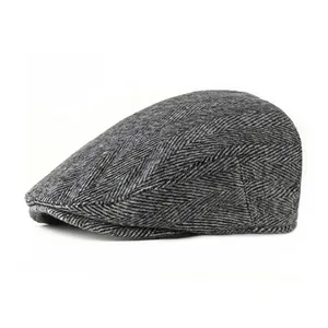 Vintage Herren Schiebermütze Fischgrätenmuster Wolle Mischung Britische Retro Newsboy Mütze Herbst Winter
