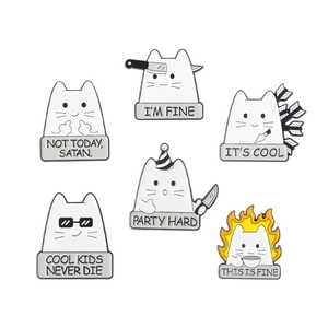Set of 6 cartoon cat enamel pins featuring funny lettered messages on white background