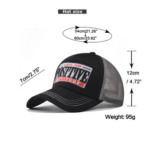 Detail of 3D POSITIVE embroidery on mesh back trucker hat with adjustable strap
