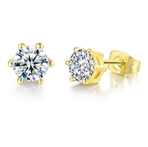 Detailed macro view of six-prong round zircon stud earrings with golden finish