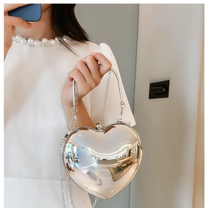 Silver mirror acrylic heart-shaped handbag with metal ring handle and chain strap for women