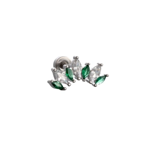 Titanium steel cartilage stud earring featuring green crown marquise crystal cluster