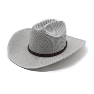 Close-up of light gray woven cowboy hat with textured mesh and brown leather band