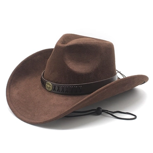 Dark brown faux suede cowboy hat featuring a leather band with metal bull head ornament