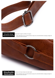Detail of brown litchi pattern leather bag with adjustable strap and gunmetal hardware