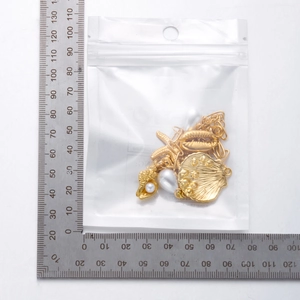 Detailed view of sea shell and starfish charms set with scale for size measurement