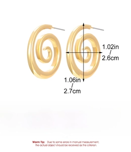 Polished golden spiral heart earrings in stainless steel with 2.6cm x 2.7cm dimensions