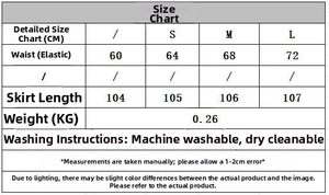 Detailed size chart for printed shirt and skirt set with waist and length measurements