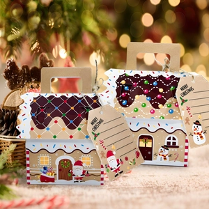 Christmas Gingerbread House Gift Box Kraft Paper Candy Biscuit Packaging With Handle Ribbon Tags For Holiday Party Decoration