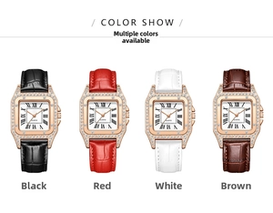 Macro shot of square quartz watches with diamond bezels and leather straps in four colors