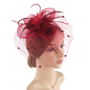 Elegant wine red fascinator hat with veil and feathers for weddings or horse races
