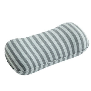 Ergonomic memory foam lumbar support pillow with grey and white striped knit cover