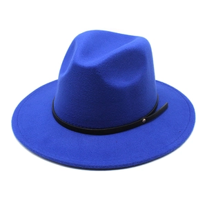 Detail of royal blue wool fedora hat with wide brim and slim black leather band