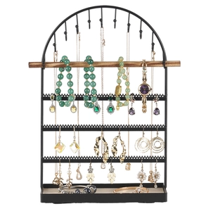 Black metal and wood arch-shaped 5-tier jewelry stand for earrings and necklaces