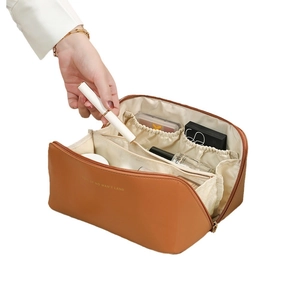 Brown PU leather makeup organizer bag with multiple compartments for cosmetics storage