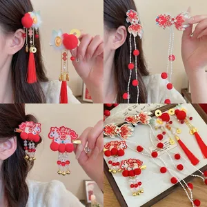 New Chinese Style Embroidered Hair Clips Festive New Year Tassel Pom Pom Goldfish Horse Alloy Zircon Elegant Accessories