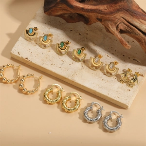 French Vintage Copper Zirconia Stud Earrings For Women Evil Eye Bamboo Geometric Gold Silver Plated Hoop Earrings Jewelry