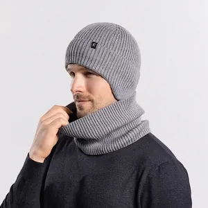 Men's winter knit beanie hat and scarf set with thick fleece lining in grey color