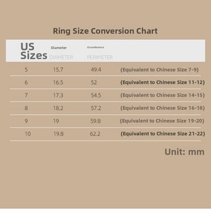 Size guide for stacking honeycomb rings showing US and CN sizes with diameter and circumference