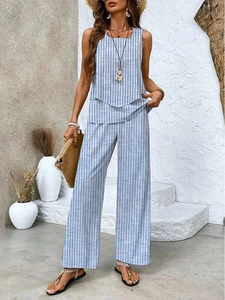 Women's blue and white striped sleeveless top and wide-leg pants two-piece set