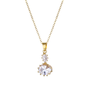 Golden stainless steel necklace with round and teardrop crystal pendants on white background