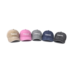 Five assorted colors of vintage washed cotton baseball caps with Sweet embroidery