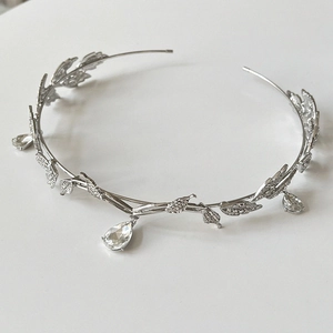 Silver leaf bridal crown with water drop rhinestones for wedding hair accessories