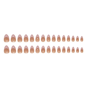 French almond fake nails with pink V-lines and soft nude base, set of 24 pieces