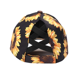 Women's sunflower baseball cap with cross elastic bands for high ponytail hair