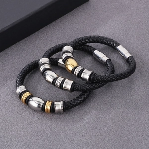 Bracelet Et Collier En Cuir De Vachette Tressé Pour Hommes Avec Fermoir Magnétique En Acier Inoxydable Bijoux De Mode Décontractés