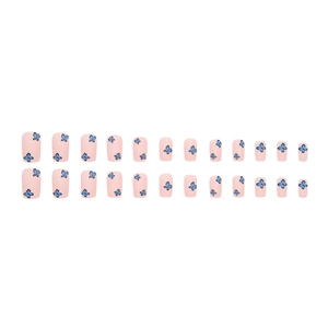 Blue butterfly square press-on nails with pink base color and 24 pieces set