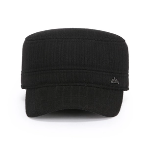 Classic black flat top military cap with textured fabric and mountain logo detail