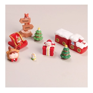 Macro shot of 3D Christmas resin charms including reindeer, train and festive trees