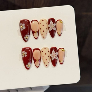 Handmade Wine Red And Cream White Press On Nails Retro Hand Painted Flower Polka Dot Gold Beads Long Almond False Nails