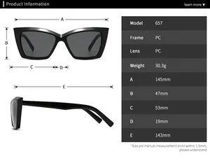 Detailed size chart for retro square sunglasses showing dimensions of PC frame and lenses